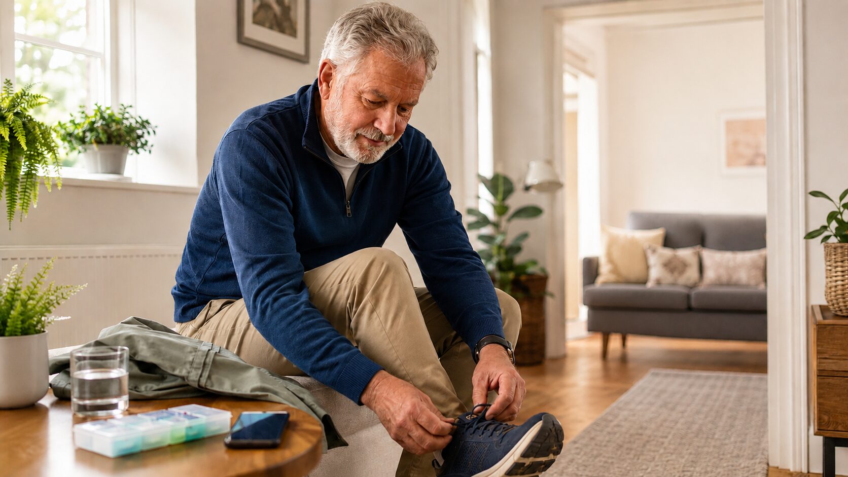 Older man preparing for a walk while coping with Parkinson’s disease