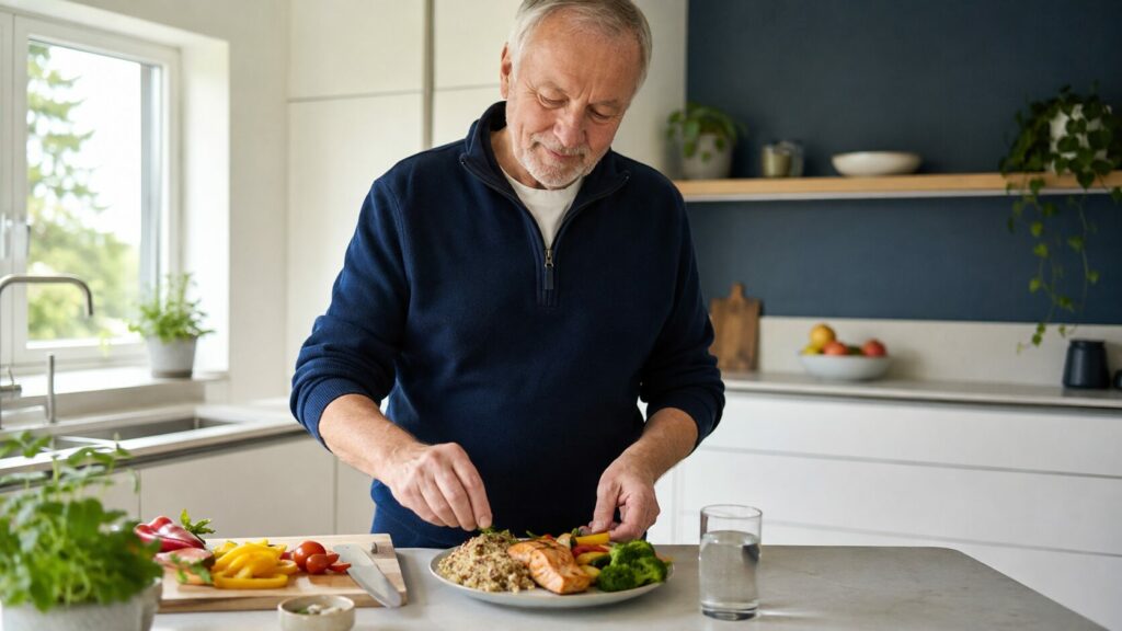 Older man preparing a balanced diet for Parkinson’s disease