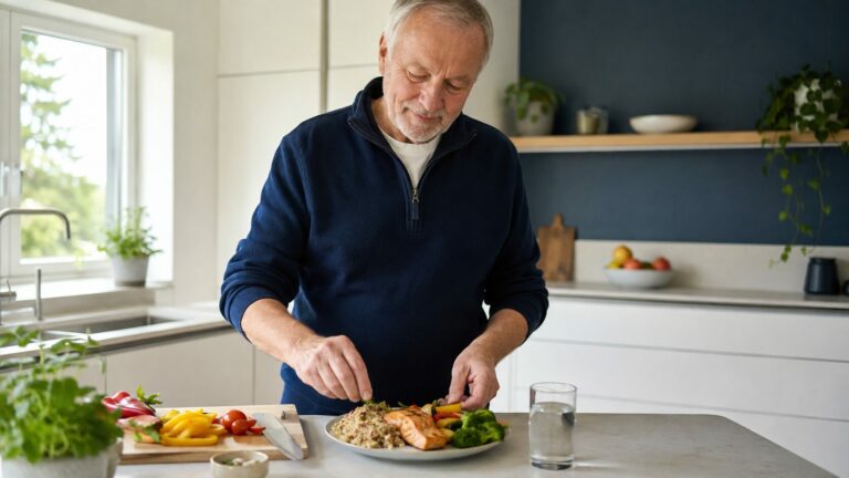 Older man preparing a balanced diet for Parkinson’s disease
