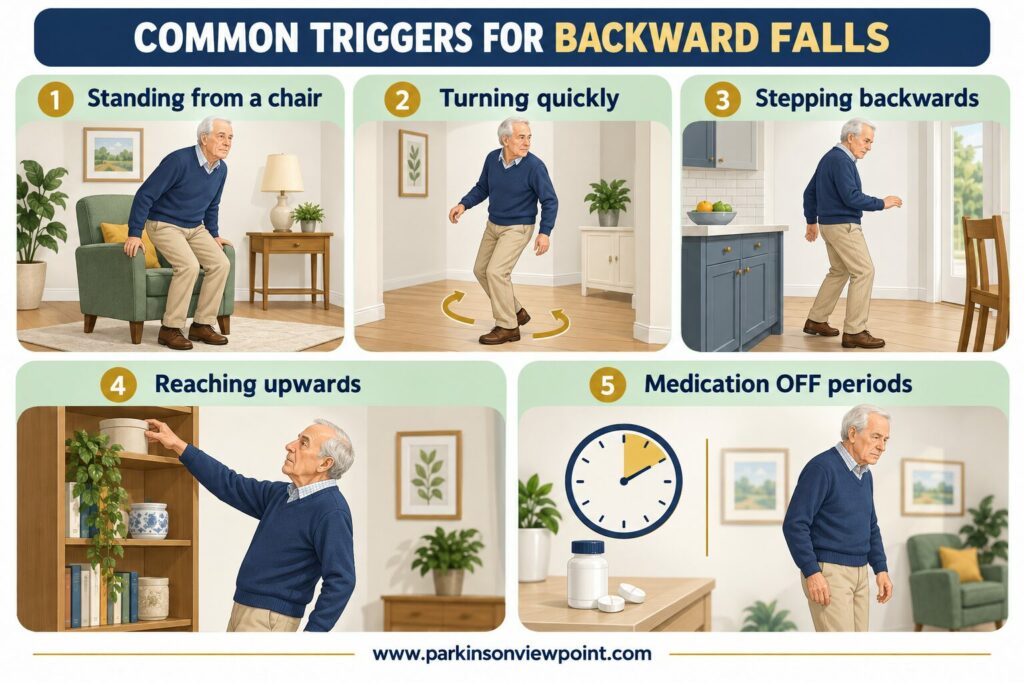 Common triggers for backward falls in Parkinson’s, including standing, turning, stepping backwards, reaching and OFF periods