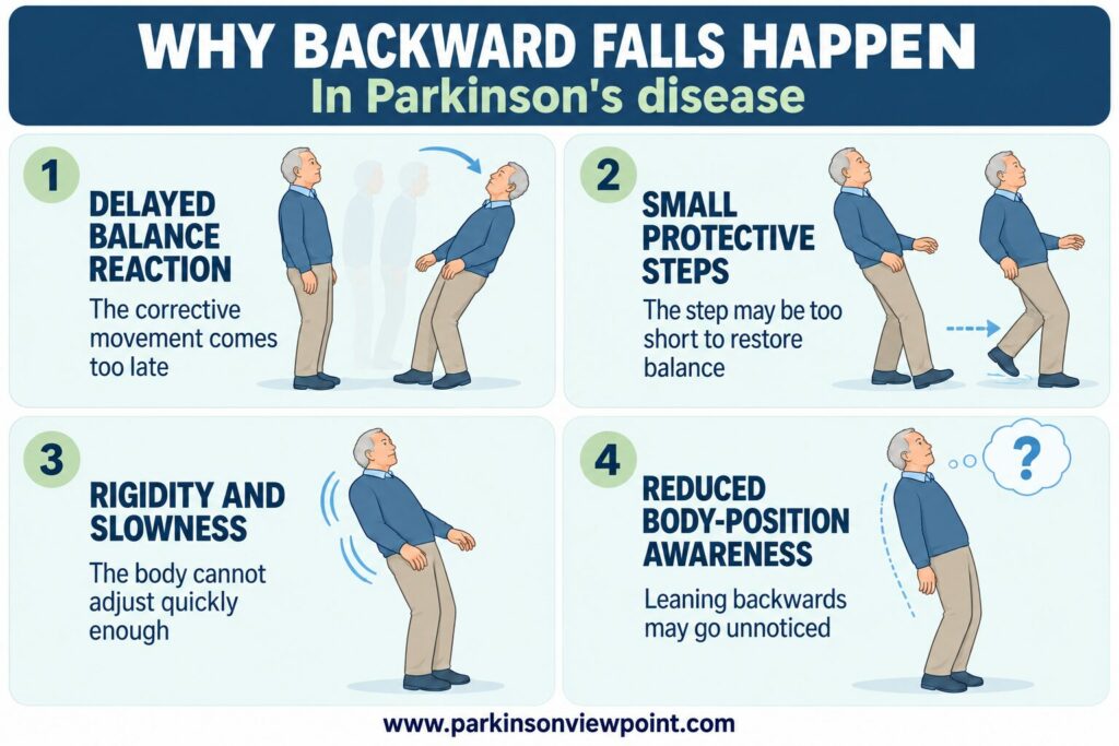 Four reasons backward falls happen in Parkinson’s disease, including delayed balance reactions and small protective steps