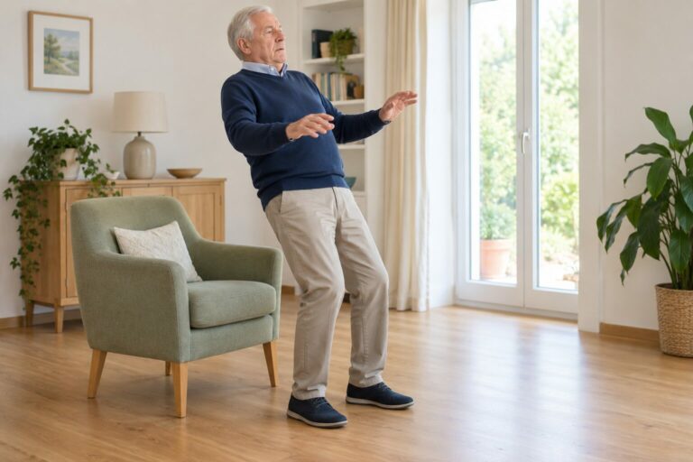 Older man experiencing backward balance instability in Parkinson’s disease