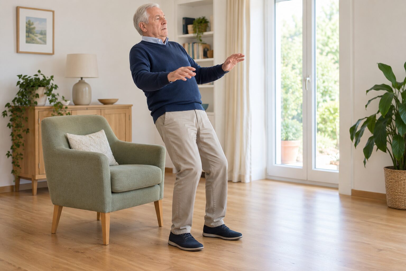 Older man experiencing backward balance instability in Parkinson’s disease