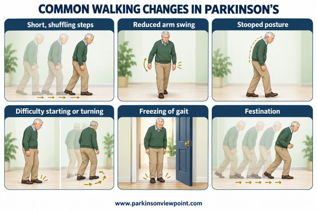 Six common walking changes in Parkinson’s disease, including shuffling, reduced arm swing, freezing and festination