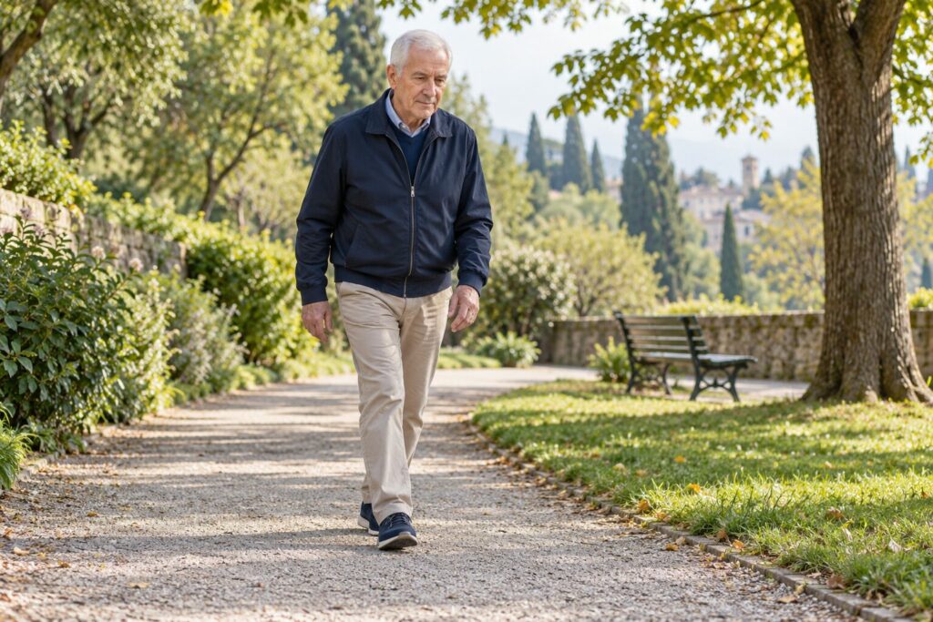 Older man experiencing walking changes in Parkinson’s disease