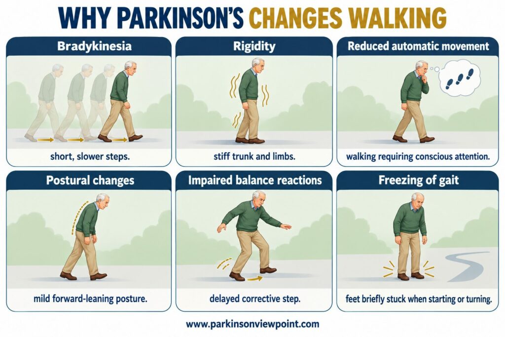 Six reasons Parkinson’s changes walking, including bradykinesia, rigidity, posture, balance reactions and freezing