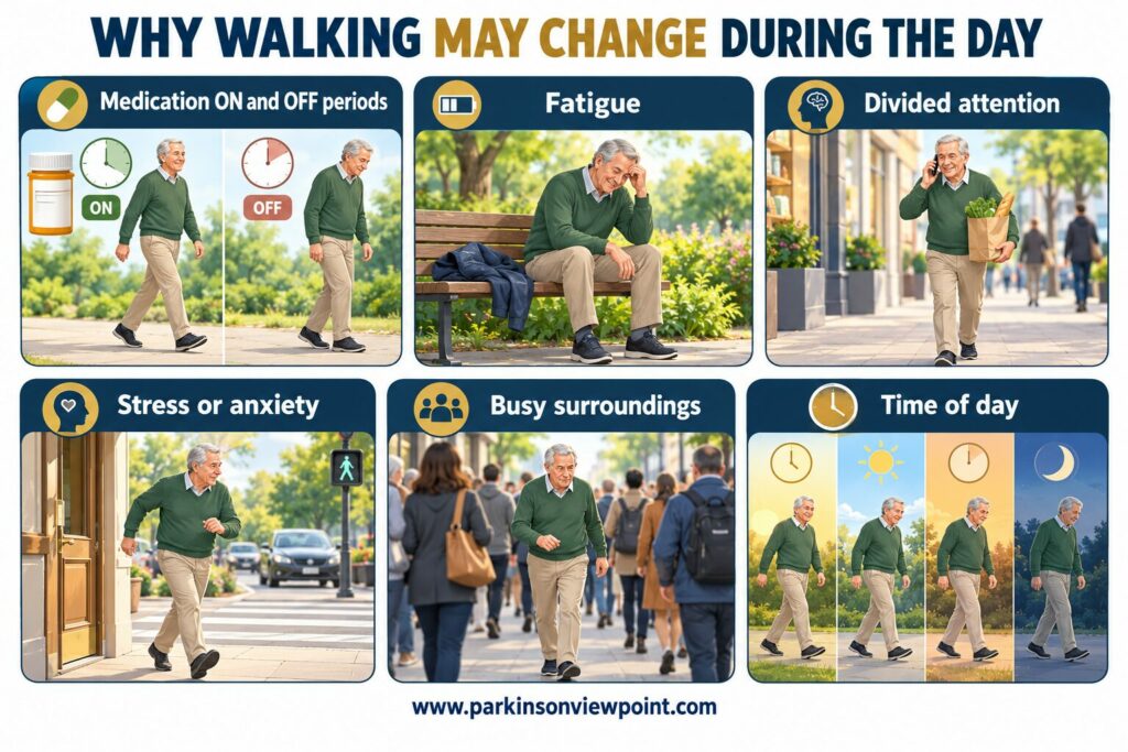 Reasons walking may change during the day with Parkinson’s disease