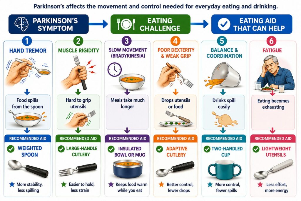 Infographic showing how Parkinson's symptoms such as tremor, rigidity, bradykinesia, poor dexterity, balance problems and fatigue affect eating, with recommended adaptive eating aids for each challenge.