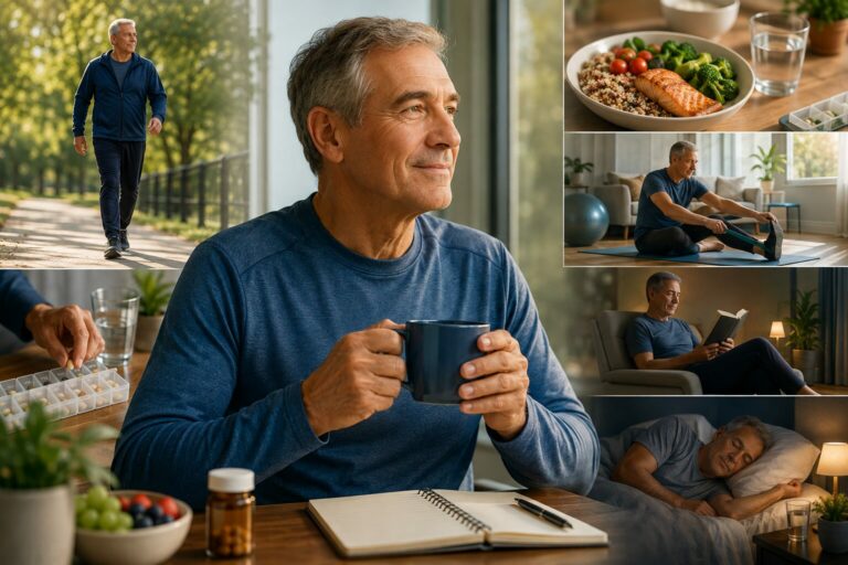 Daily routine for Parkinson’s disease showing an older man taking medication, eating a healthy meal, exercising, walking, relaxing and sleeping.
