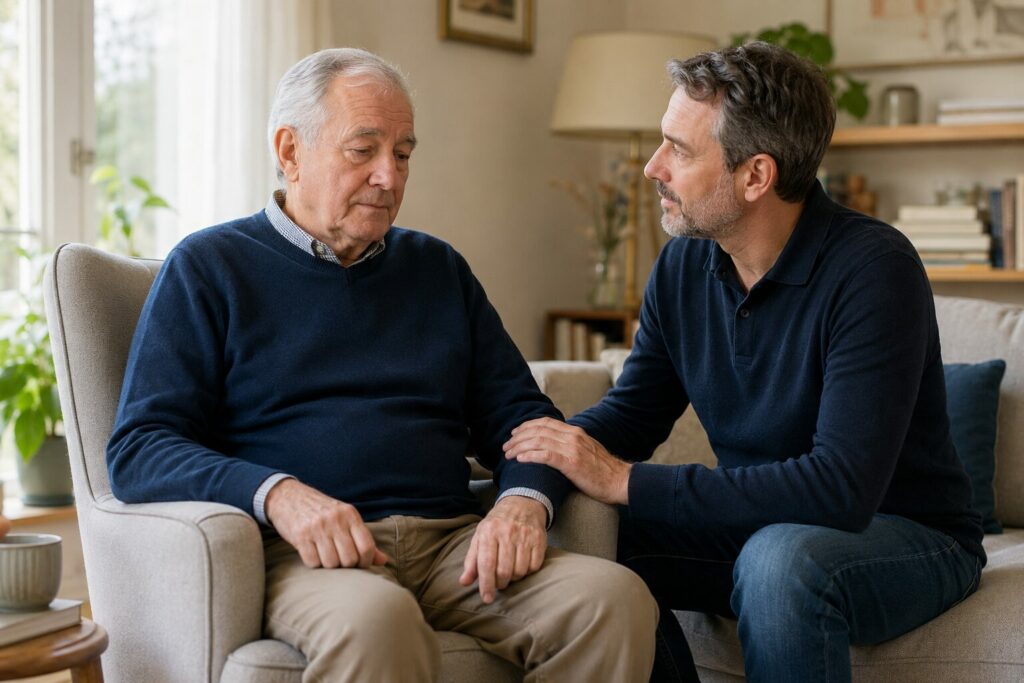 A caregiver calmly supports an older man during an OFF period, illustrating Parkinson’s OFF periods for caregivers.