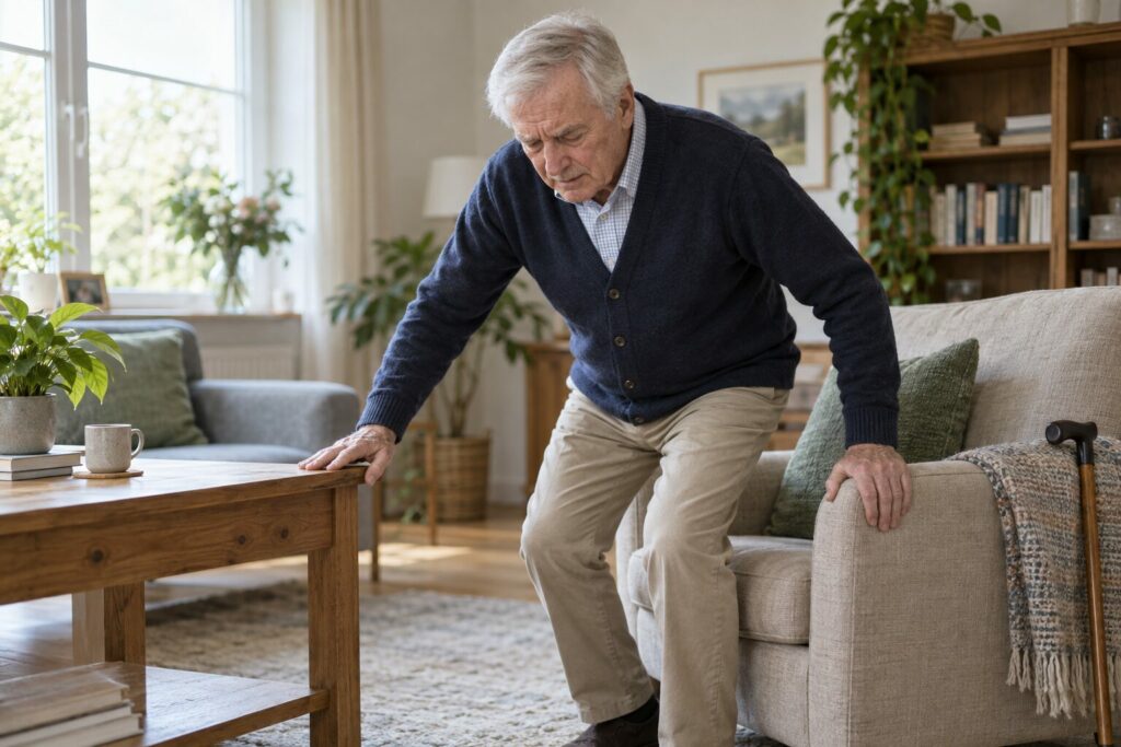 Older man with Parkinson’s holding a chair and table for support after feeling dizzy when standing up at home, demonstrating blood pressure changes in Parkinson’s