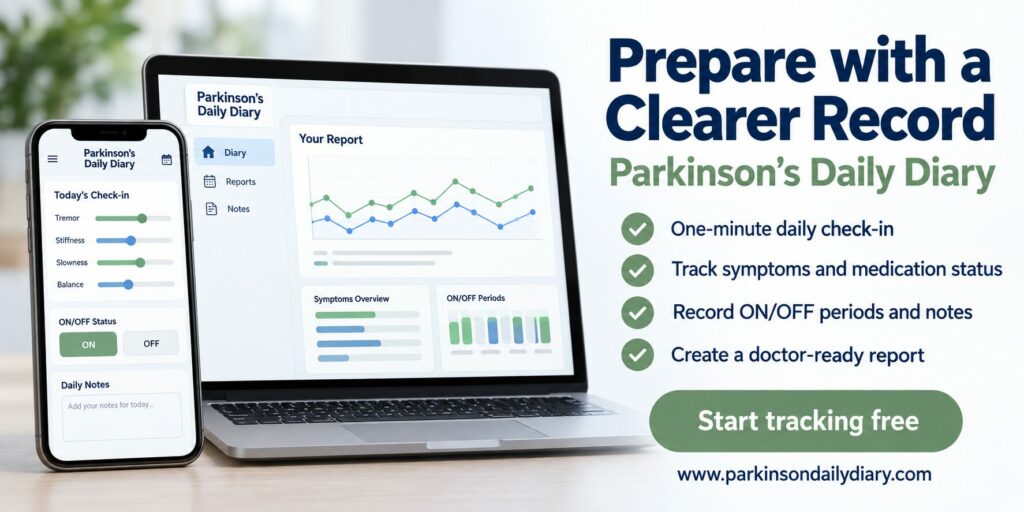 Parkinson’s Daily Diary shown on a phone and laptop with symptom tracking, ON/OFF records, notes, and reports.