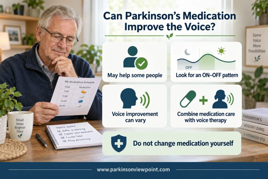 Older man reviewing his medication schedule alongside information about medication and voice changes in Parkinson’s