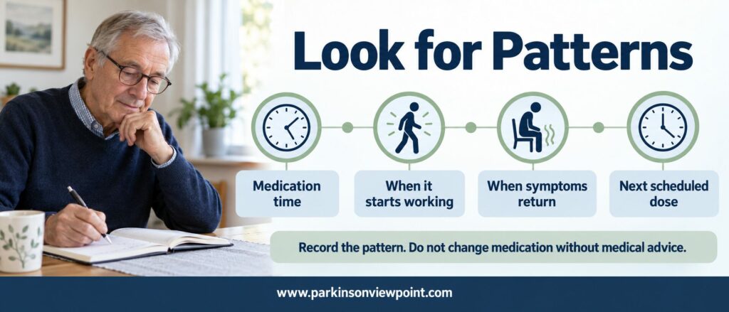 Older man recording when Parkinson’s medication starts working and when symptoms return before the next dose.