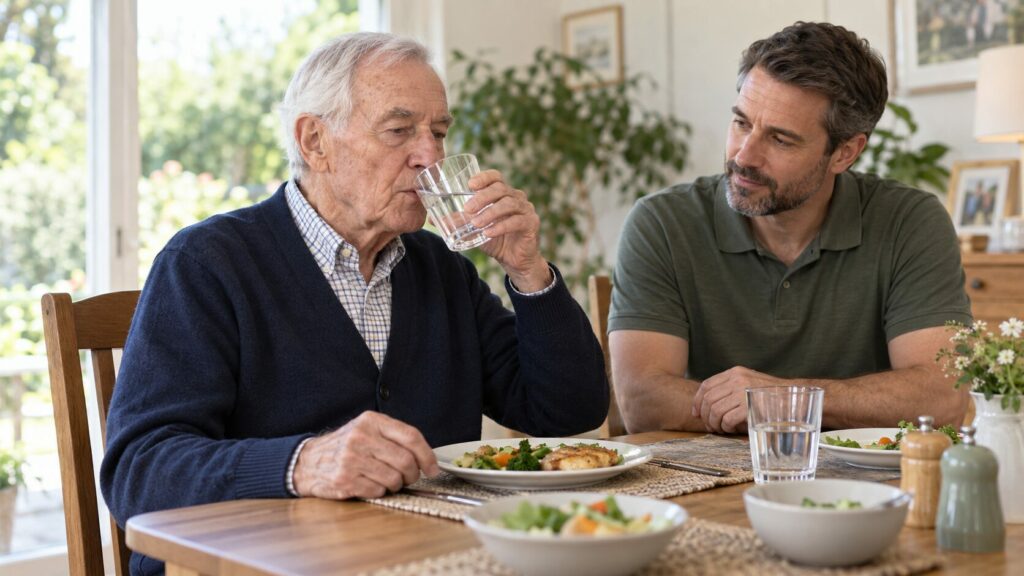 Older man with Parkinson’s carefully drinking water while a male caregiver supports him during a meal and checking the Signs of Swallowing Problems in Parkinson’Signs of Swallowing Problems in Parkinson’s signs of swallowing problems in Parkinson’