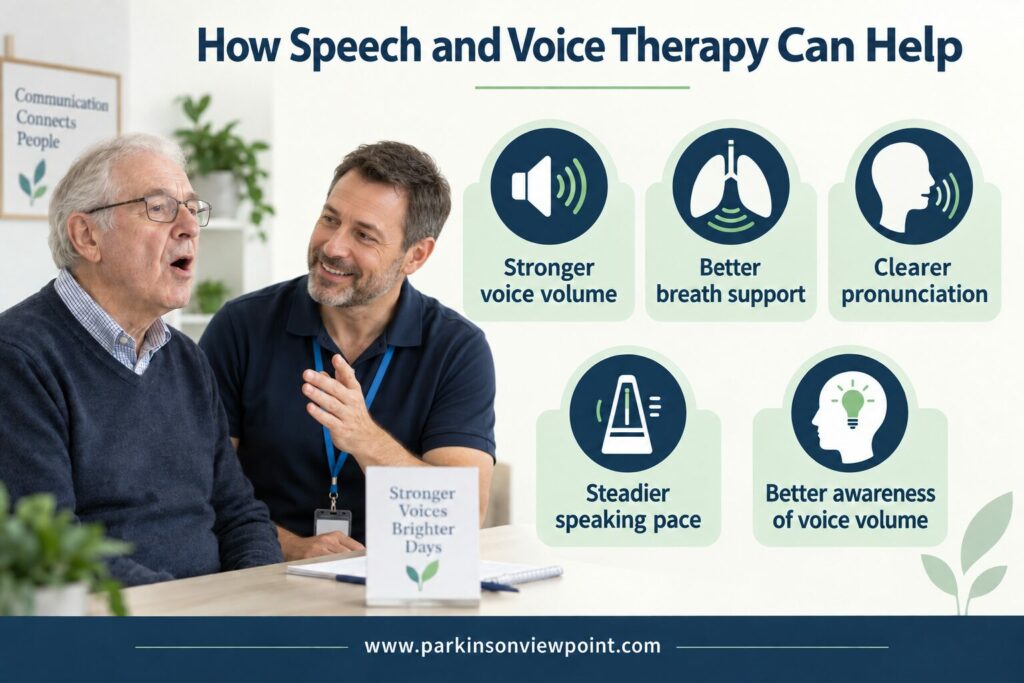 Older man practising with a male speech therapist alongside five benefits of voice therapy for Parkinson’s