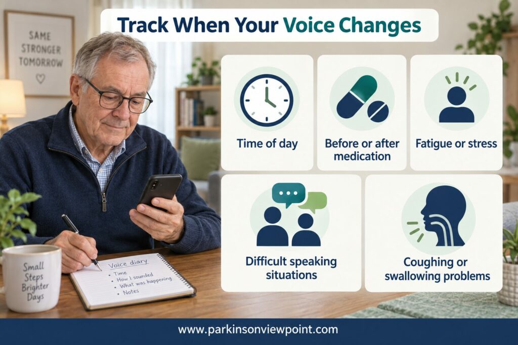 Older man recording five patterns related to voice changes in Parkinson’s using a smartphone and notebook