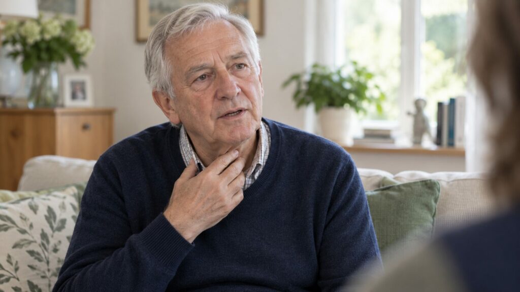 Older man experiencing a softer voice while speaking due to voice changes in Parkinson’s