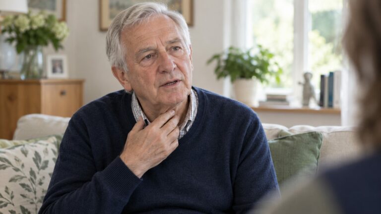 Older man experiencing a softer voice while speaking due to voice changes in Parkinson’s