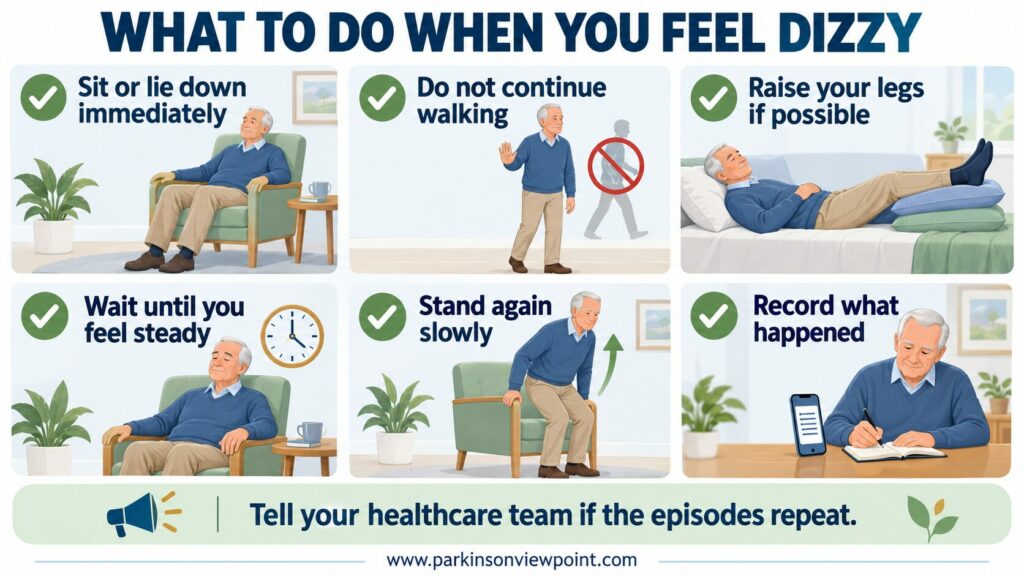 Six-step infographic showing what to do when dizziness starts: sit or lie down, stop walking, raise the legs, wait, stand slowly, and record the episode.