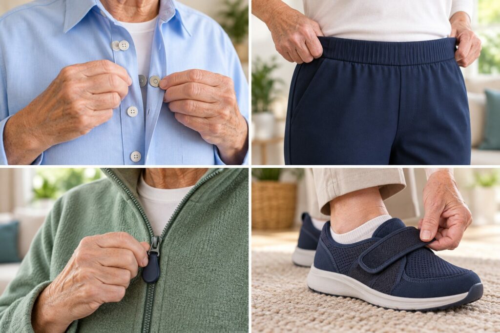 Magnetic shirt closures, elastic-waist trousers, large zipper pull and easy-close shoe