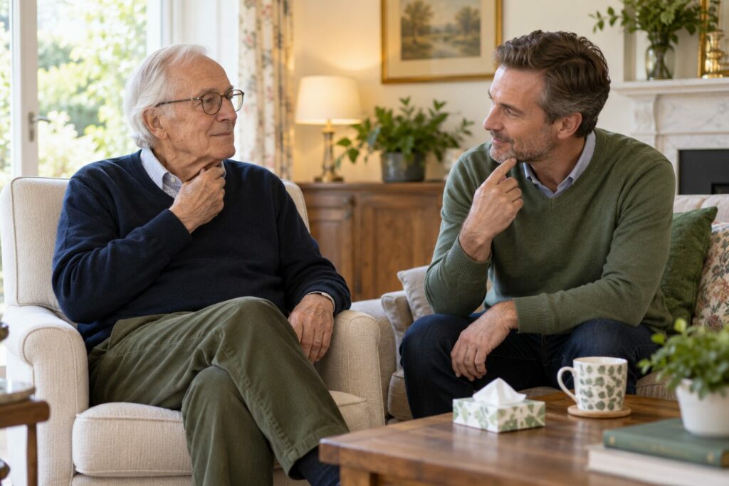 Caregiver using a discreet swallowing cue to support an older man with Parkinson’s drooling