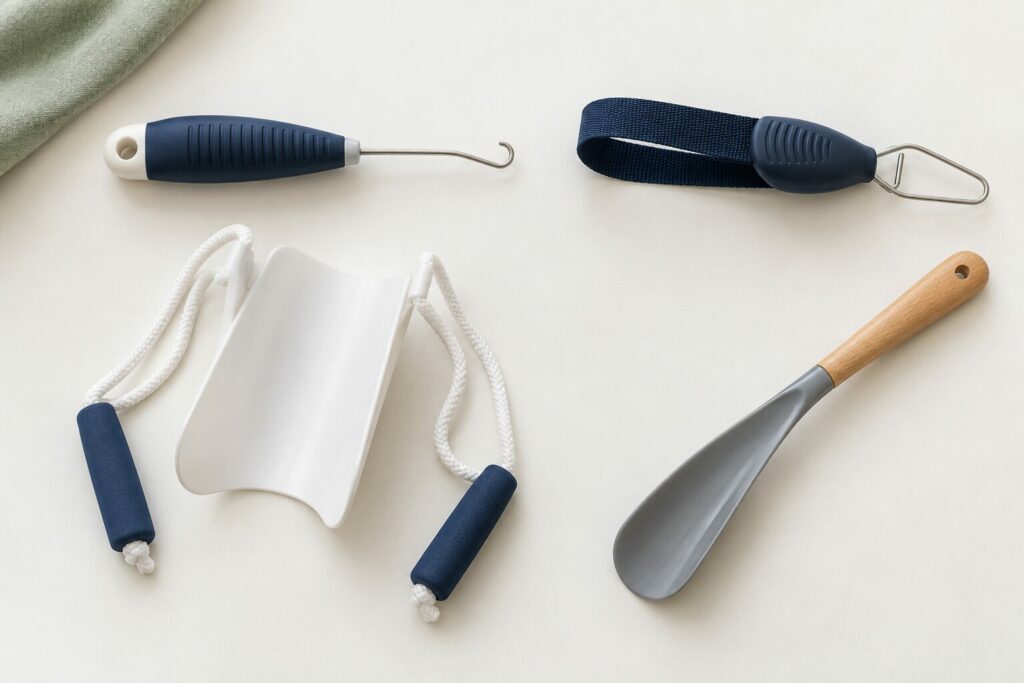 Button hook, zipper pull, sock aid and long-handled shoehorn for easier dressing