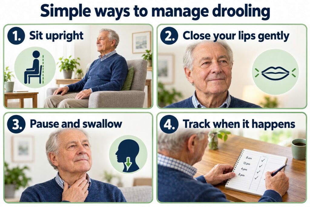 Four simple strategies to manage drooling in Parkinson’s: sit upright, close the lips gently, pause and swallow, and track patterns