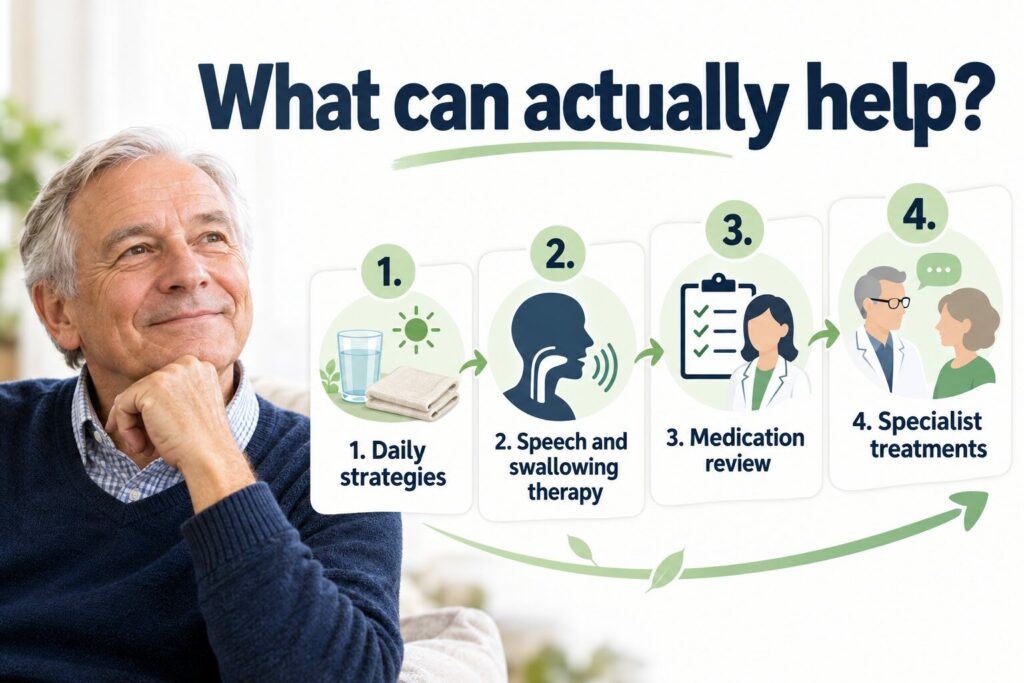 Four levels of support for drooling in Parkinson’s: daily strategies, swallowing therapy, medication review and specialist treatments