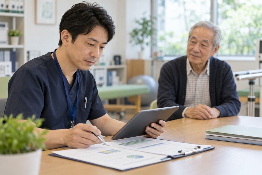 Japanese occupational therapy researcher reviewing daily-living assessment information