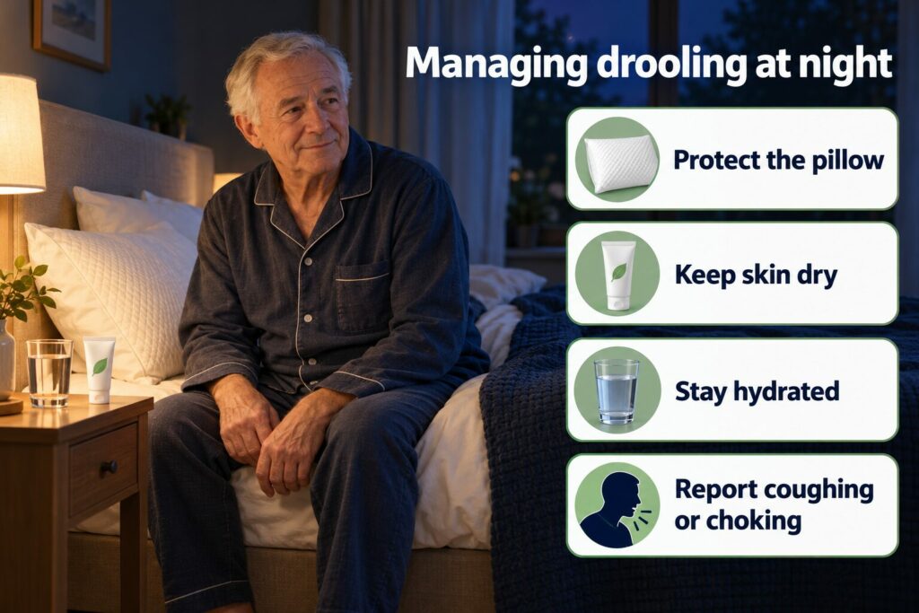 Ways to manage nighttime drooling in Parkinson’s, including protecting the pillow, caring for the skin and staying hydrated