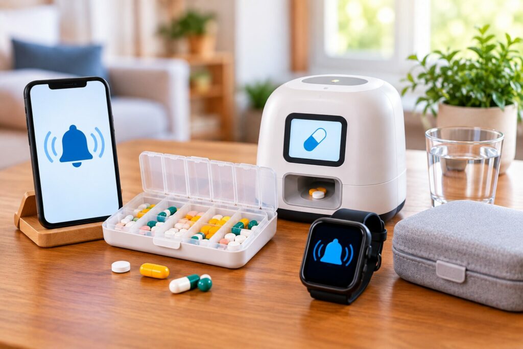 Smartphone alarm, weekly pill organizer, smartwatch, and automatic pill dispenser for managing Parkinson’s medication