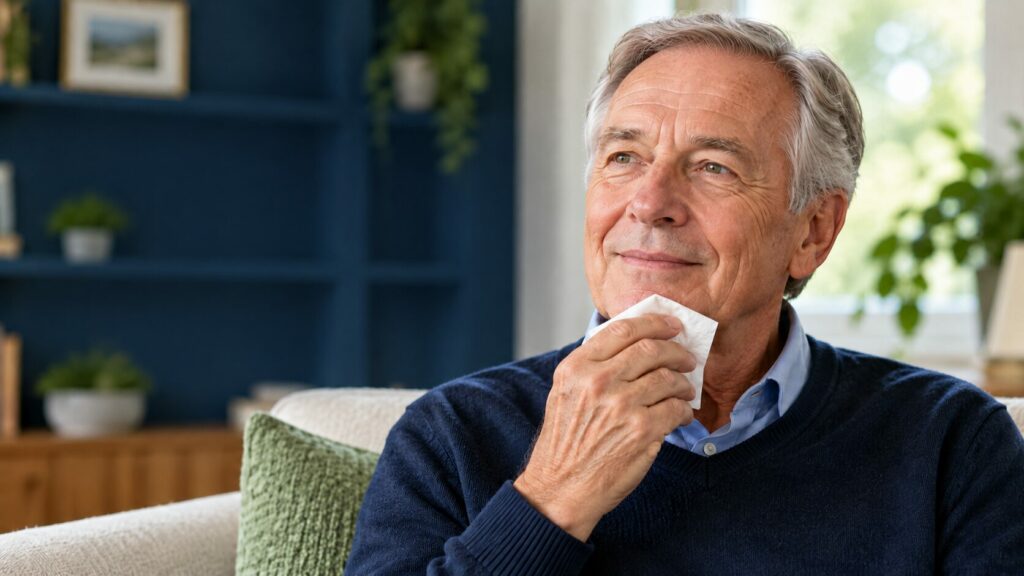 Older man learning practical ways to manage drooling in Parkinson’s