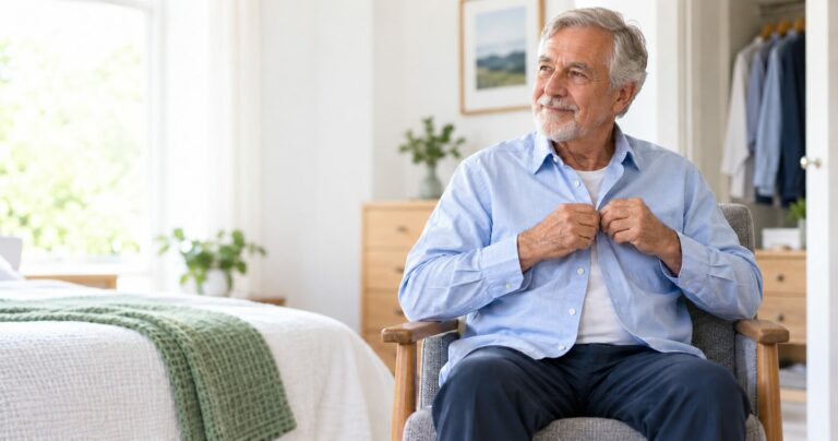 Older man dressing with Parkinson’s while seated safely in a supportive chair