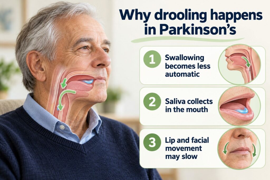Why drooling happens in Parkinson’s due to less automatic swallowing, saliva collecting in the mouth and slower facial movement