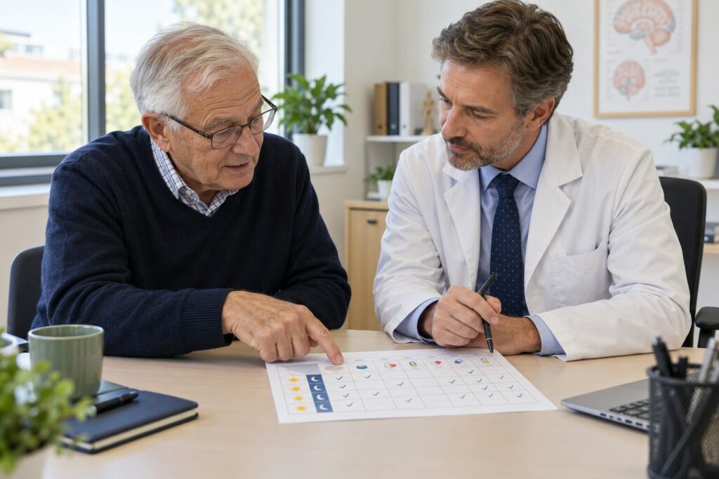 Older man discussing a drooling symptom record with his Parkinson’s clinician