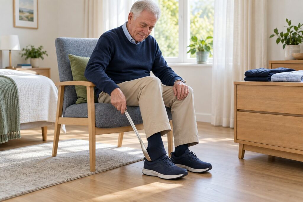 Older man using a long-handled shoehorn while seated in a supportive chair