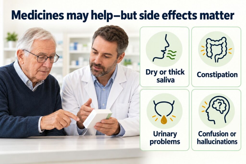 Possible side effects of saliva-reducing medicines in Parkinson’s, including dry mouth, constipation, urinary problems and confusion
