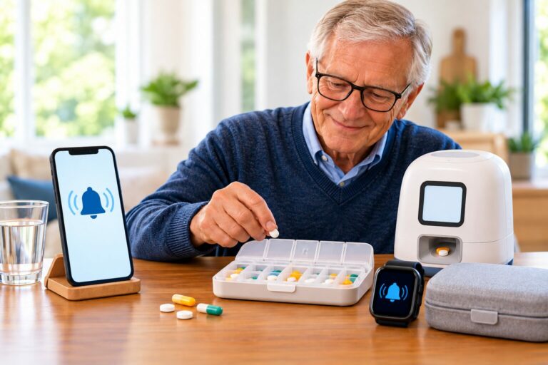 Older man using Parkinson’s medication reminders, including a pill organizer, smartphone alarm, and automatic dispenser