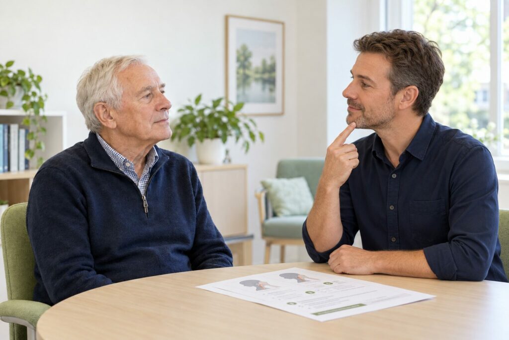 Male speech and language therapist demonstrating a swallowing cue to an older man with Parkinson’s