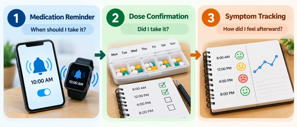 Infographic showing Parkinson’s medication reminders, dose confirmation using a checklist, and symptom tracking
