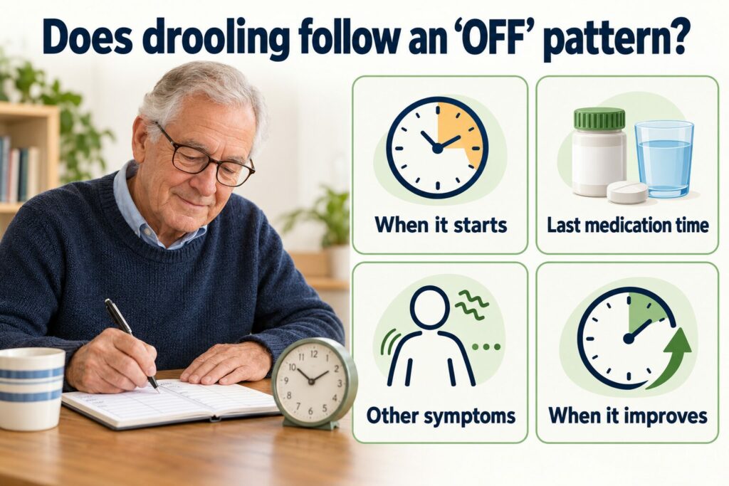 Tracking when drooling starts, medication timing, other symptoms and when it improves during Parkinson’s OFF periods