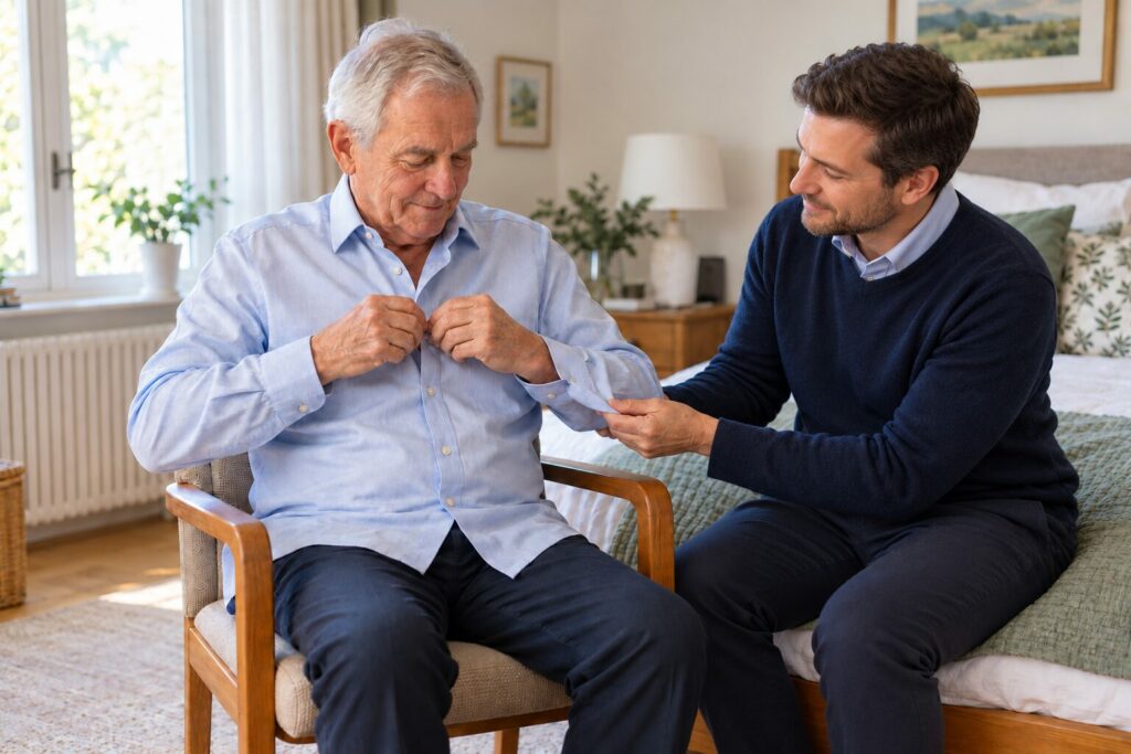 Care partner holding a shirt sleeve while an older man fastens his own shirt